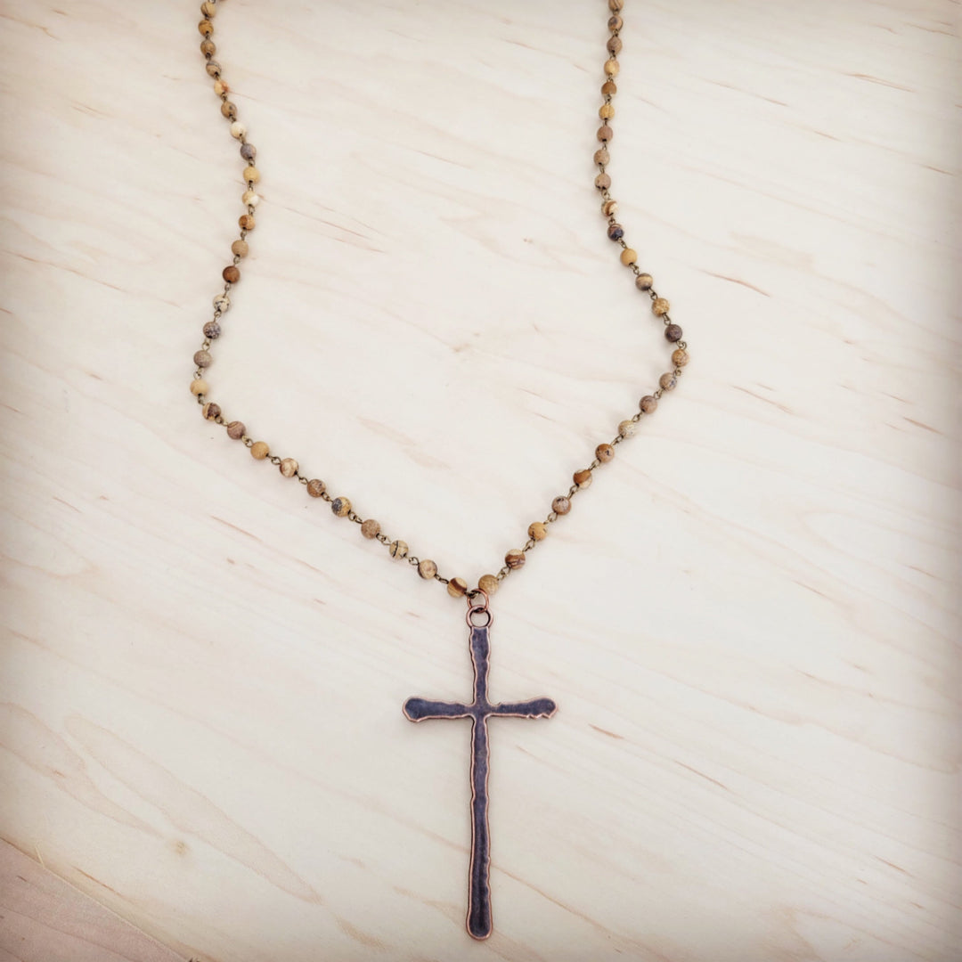 Long picture jasper bead necklace with cross pendant and small metal ring