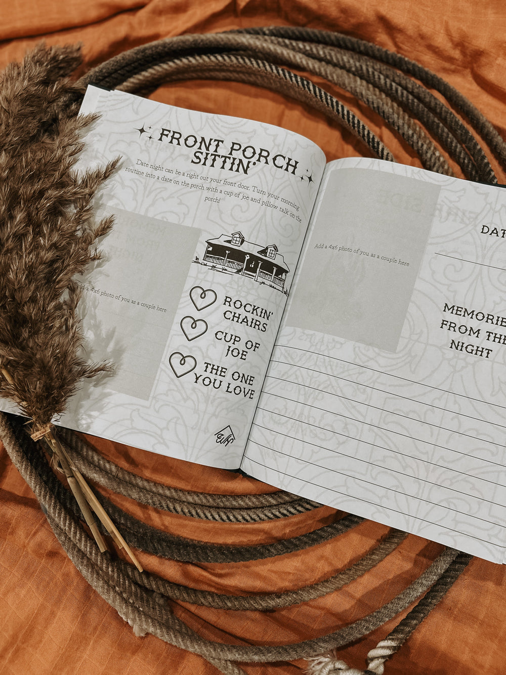 Open date night memory book with printed prompts, heart icons, and lined pages