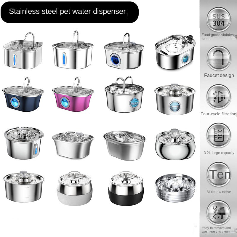 Stainless steel smart pet water dispenser set with multiple faucets and blue indicator lights