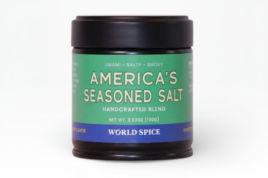 Seasoned salt spice jar with black lid and green-blue label