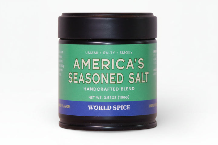 Seasoned salt spice jar with black lid and green-blue label