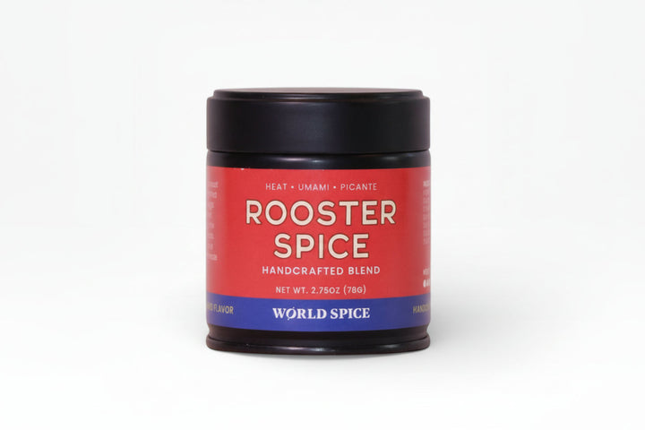 Rooster Spice spice jar with black lid and red "World Spice" label