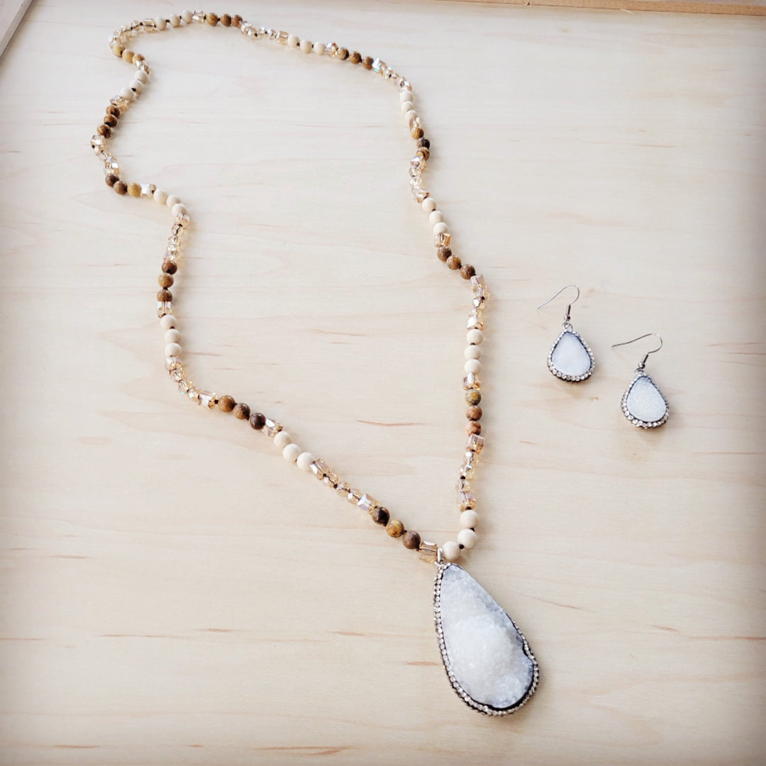 Picture jasper beaded necklace with light blue druzy pendant and matching drop earrings