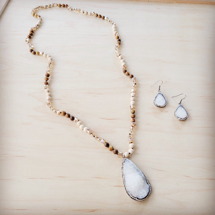 Picture jasper beaded necklace with light blue druzy pendant and matching drop earrings