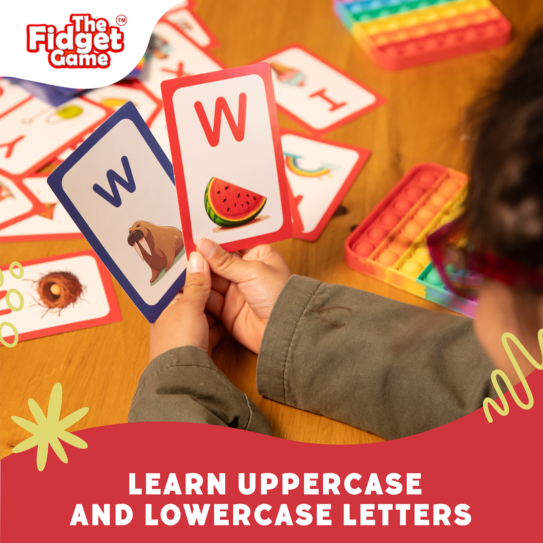 Hand holding uppercase and lowercase letter cards with matching letter icons