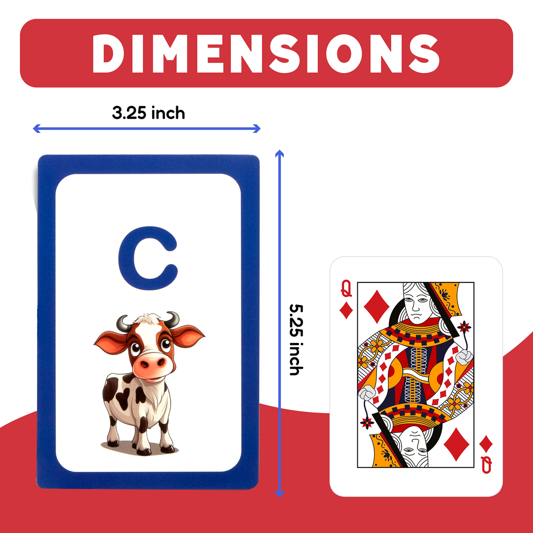 Letter card dimensions panel showing a blue C card and a deck card comparison