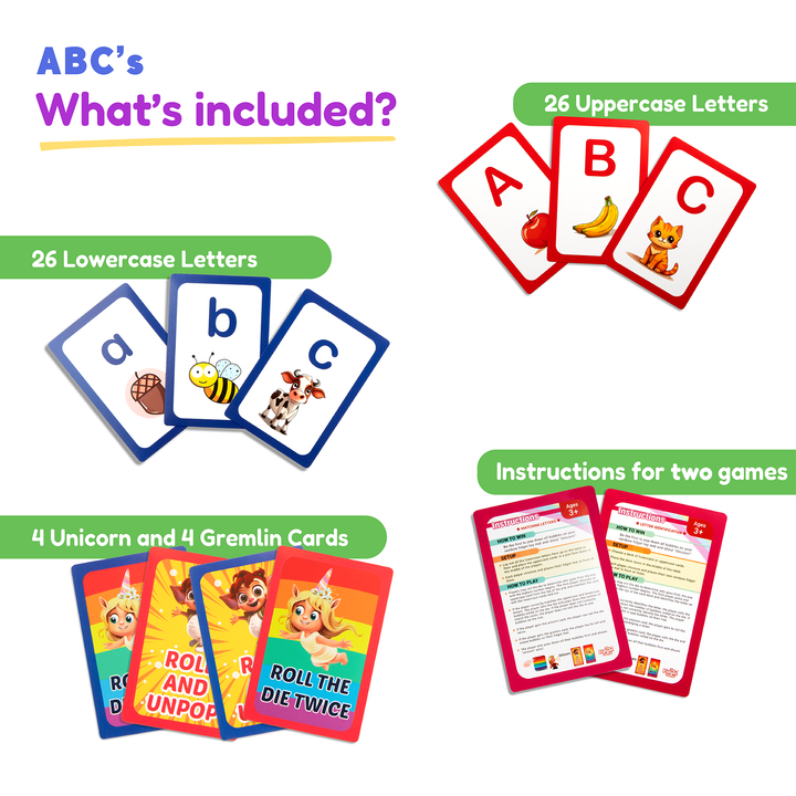 Letter card set showing uppercase and lowercase cards plus included game instructions