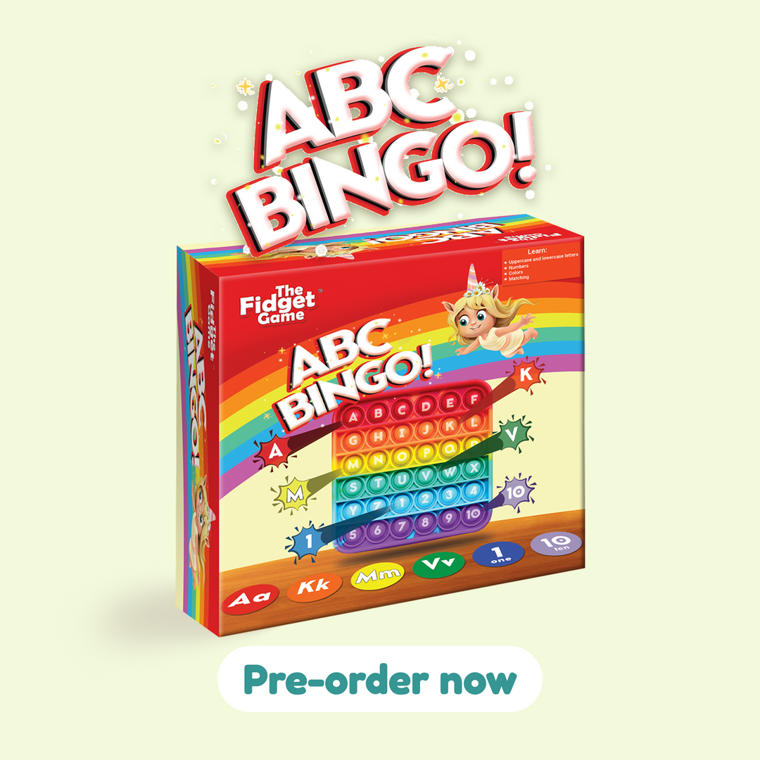 ABC Bingo board game box with rainbow number grid and token launcher artwork