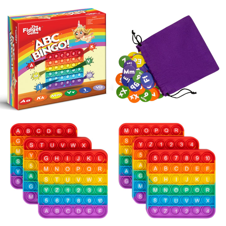 ABC Bingo board game kit with red-to-purple fidget mats, letter tokens, and drawstring bag