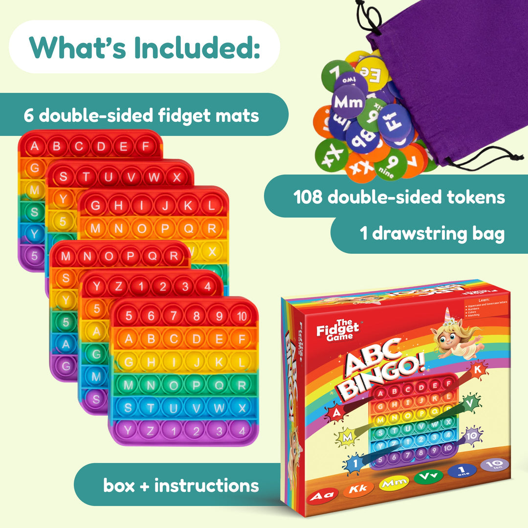 ABC Bingo board game set with rainbow double-sided fidget mats and token drawstring bag