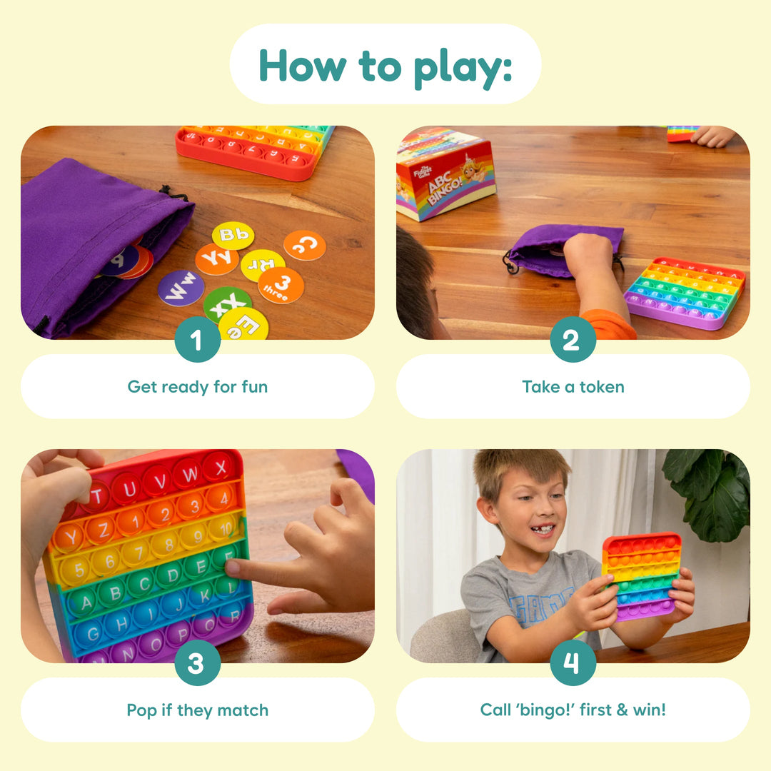 ABC Bingo board game included items showing how-to play steps with fidget mats and tokens