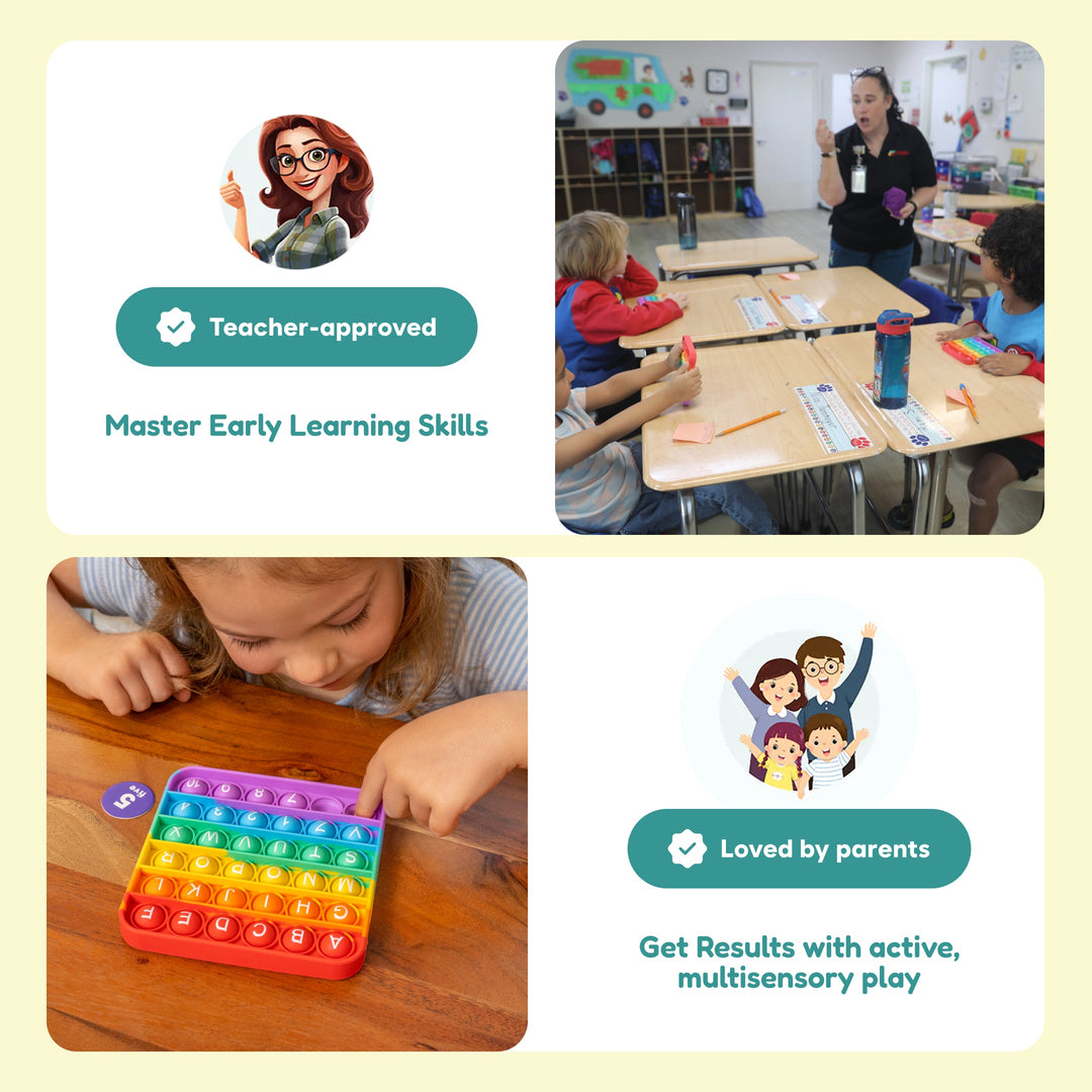 ABC Bingo fidget game play scene with colorful pop-it style mat in a classroom