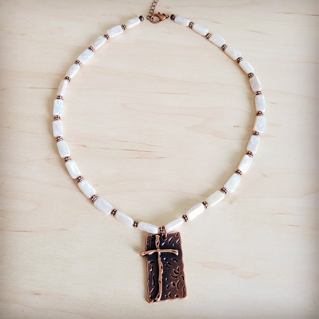 Freshwater pearl and copper-tone beaded necklace with antique cross pendant