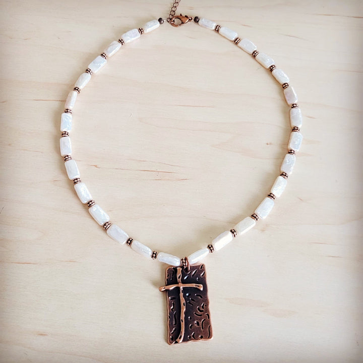 Freshwater pearl and copper-tone beaded necklace with antique cross pendant