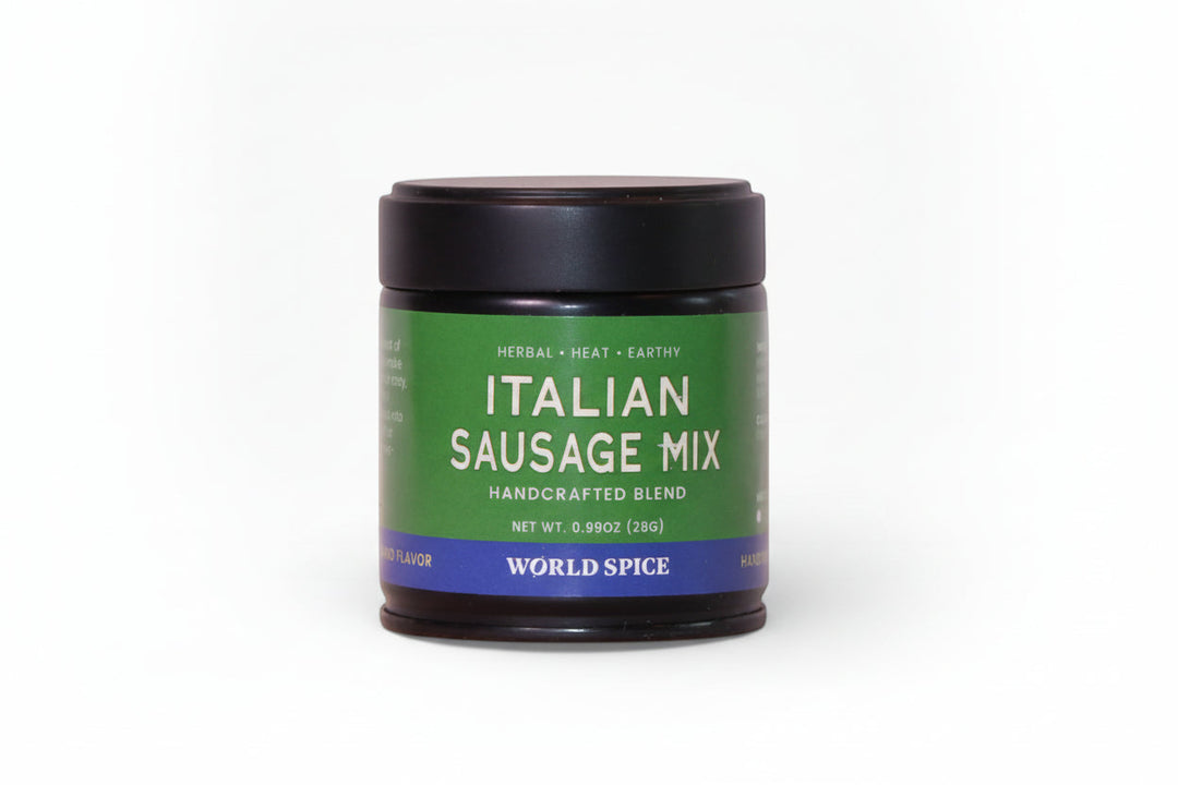 Italian sausage mix spice blend jar, dark lid and green label