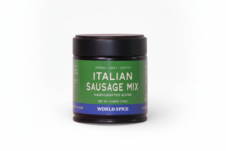 Italian sausage mix spice blend jar, dark lid and green label