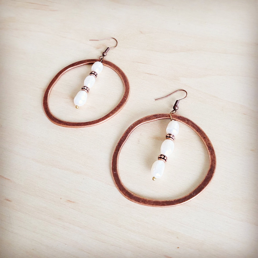 Copper hoop earrings with long freshwater pearl drop and bead spacers