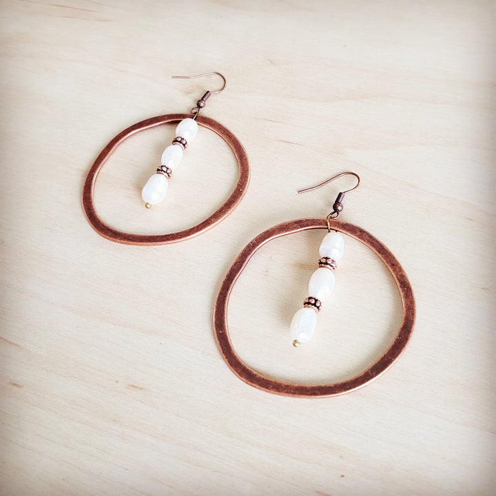 Copper hoop earrings with long freshwater pearl drop and bead spacers