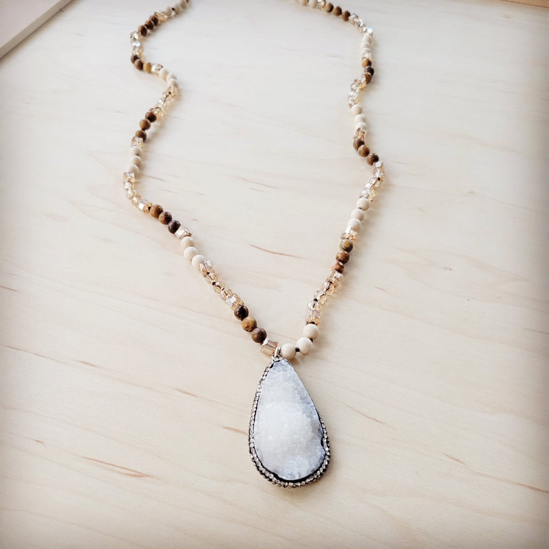Picture jasper beaded necklace with light blue teardrop druzy pendant