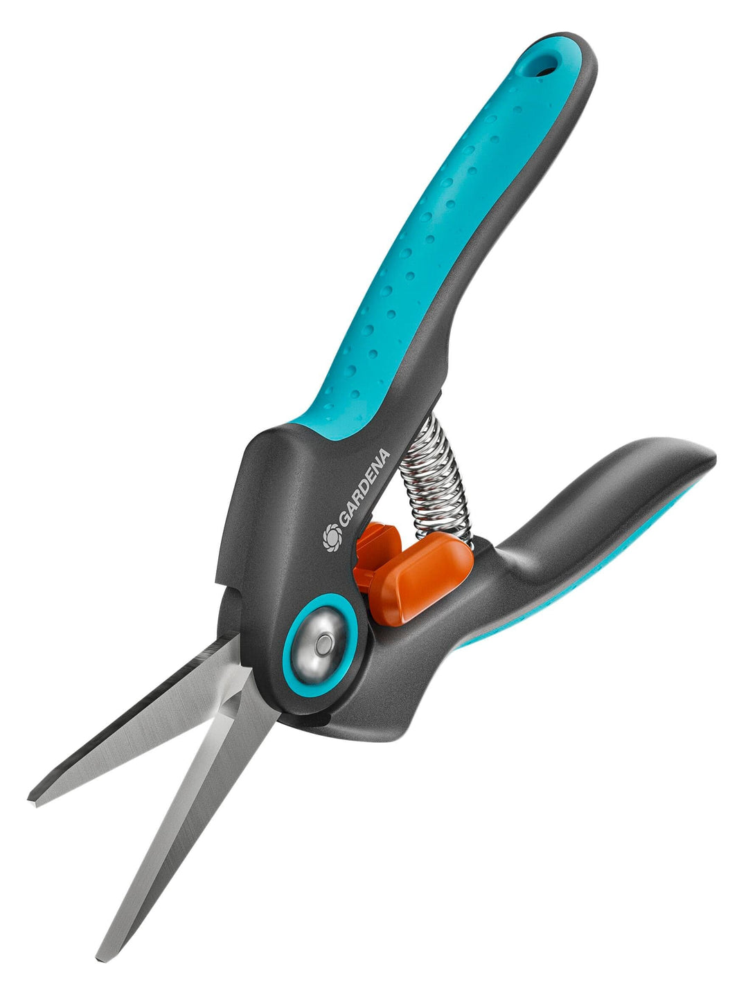 FreshCut Scissors with teal handles, orange latch, and exposed spring.