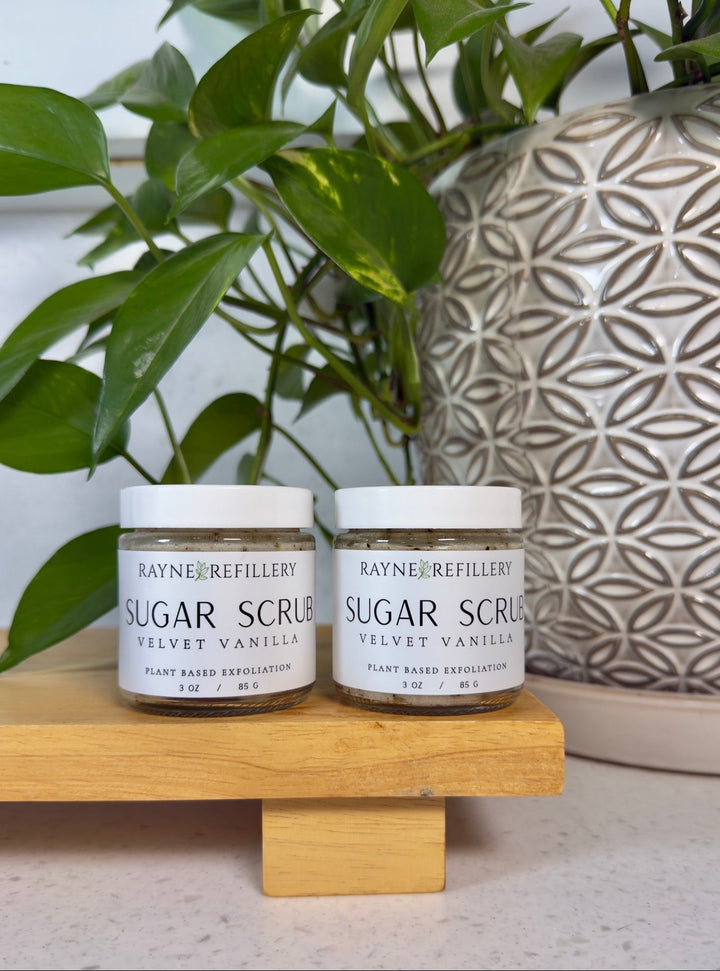 Velvet Vanilla coffee scrub jars on a wooden stand beside green leaves and a patterned pot