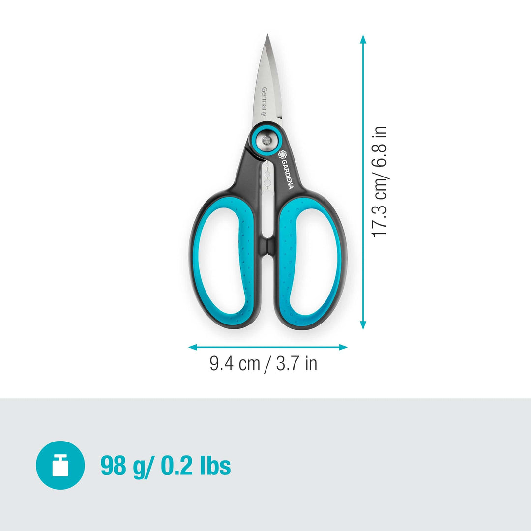 Herb scissors with teal finger loops and stainless blades, size shown
