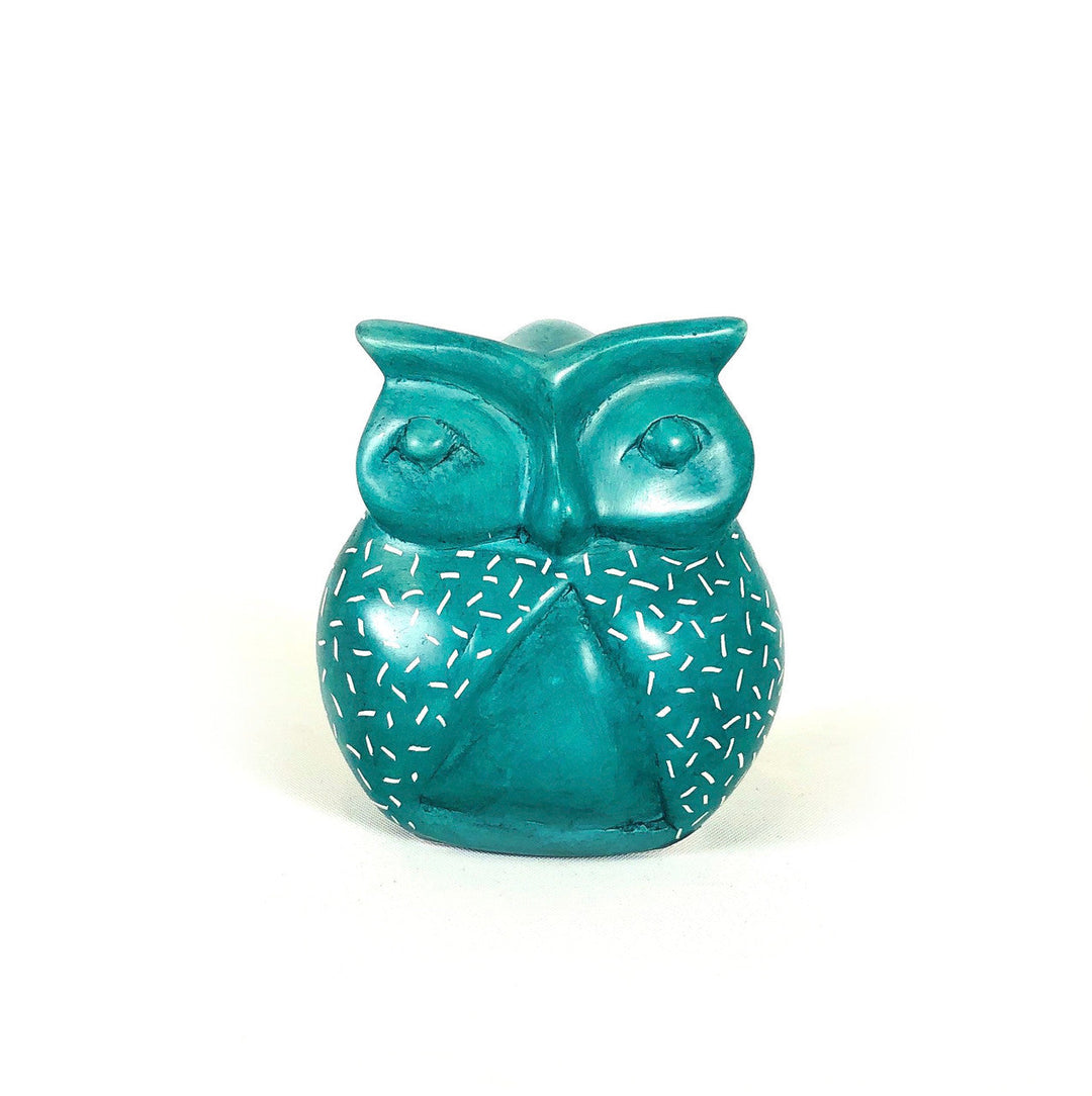 Teal soapstone owl figurine with speckled wings and carved, round eyes