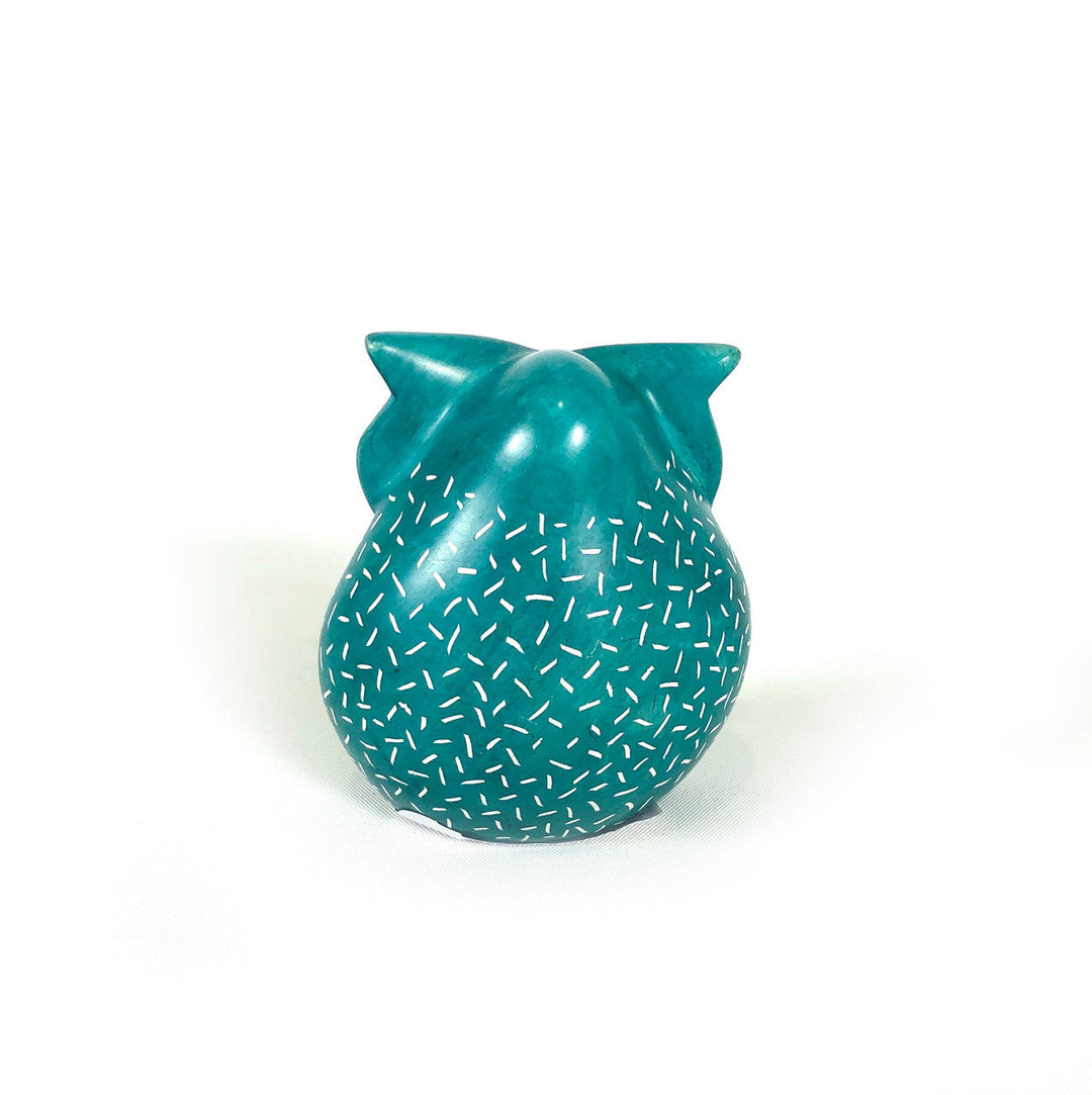 Teal soapstone owl figurine with speckled body, curved ears, and smooth beak