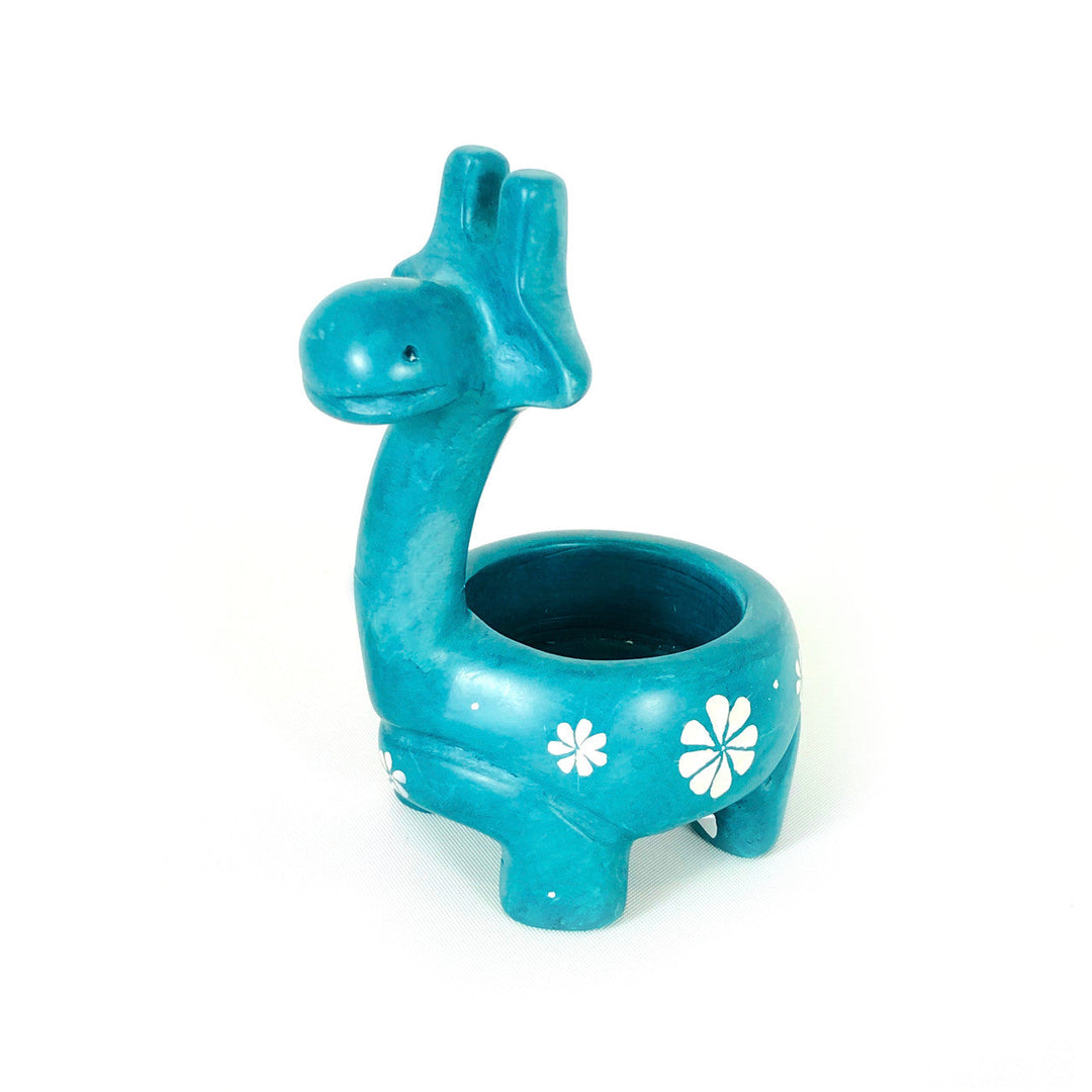 Turquoise giraffe tealight holder with flower inlays and round candle cup