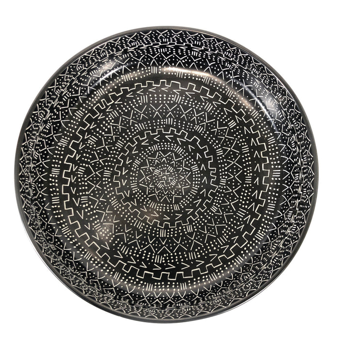 12-inch round black mud cloth style bowl with white circular geometric design