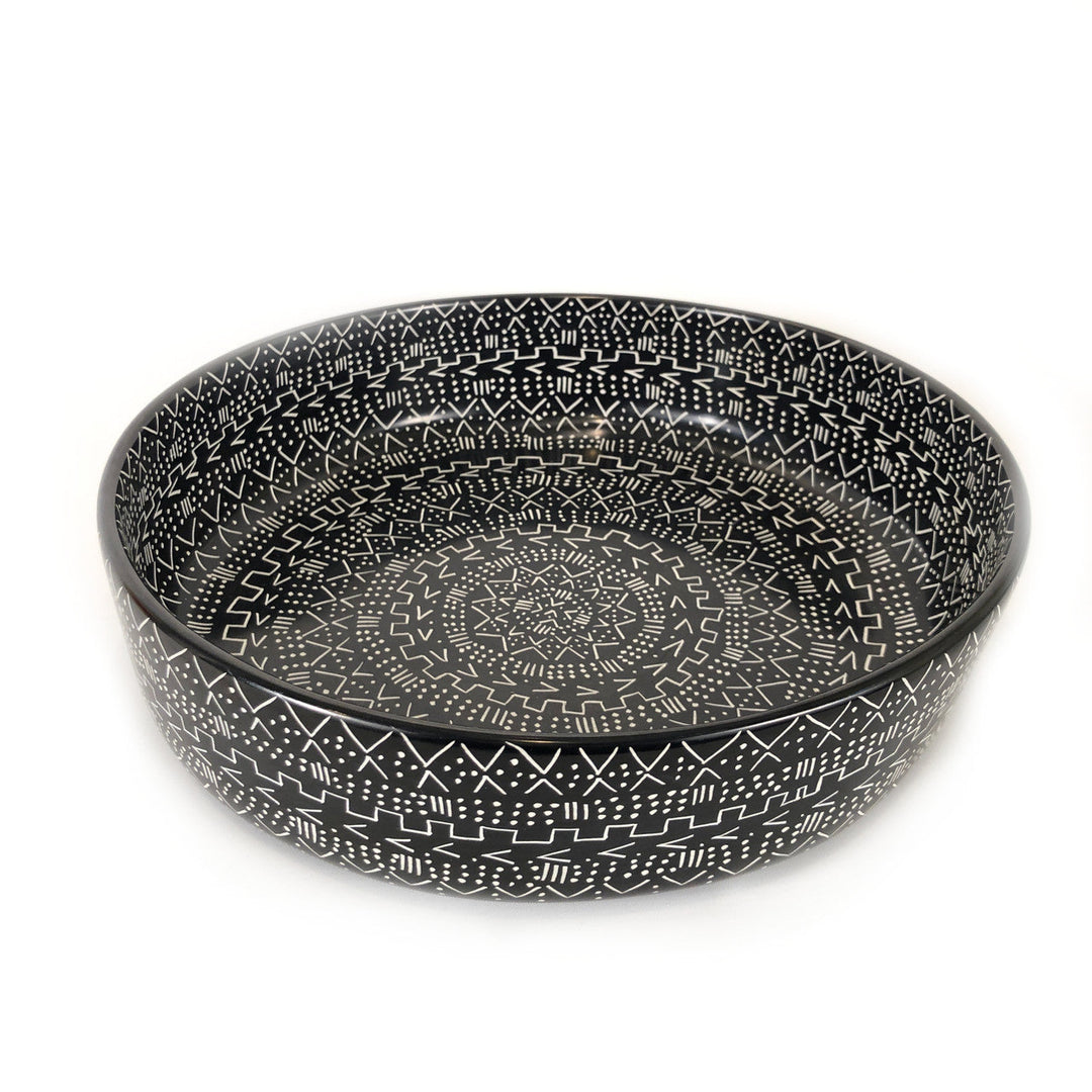 12-inch mud cloth style bowl in black with white geometric pattern