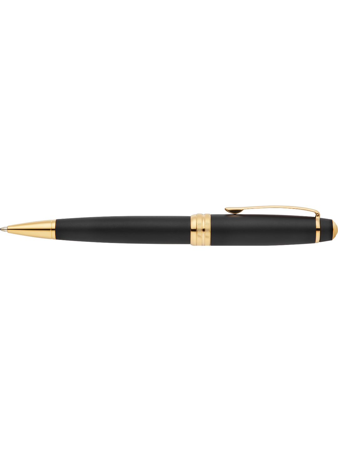Matte black ballpoint pen with gold bands and side clip, side view