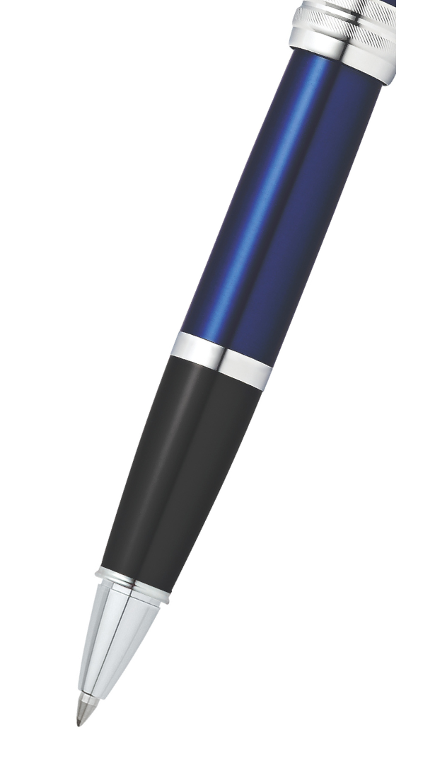 Close-up of blue and black rollerball pen with silver accents and clear tip