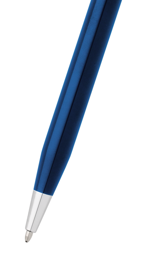 Glossy translucent blue ballpoint pen with silver tip, angled close view