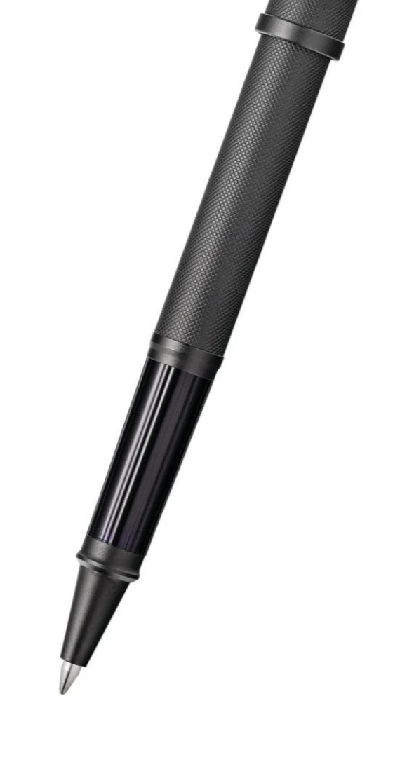 Black rollerball pen with textured micro-knurl grip and clip near the top
