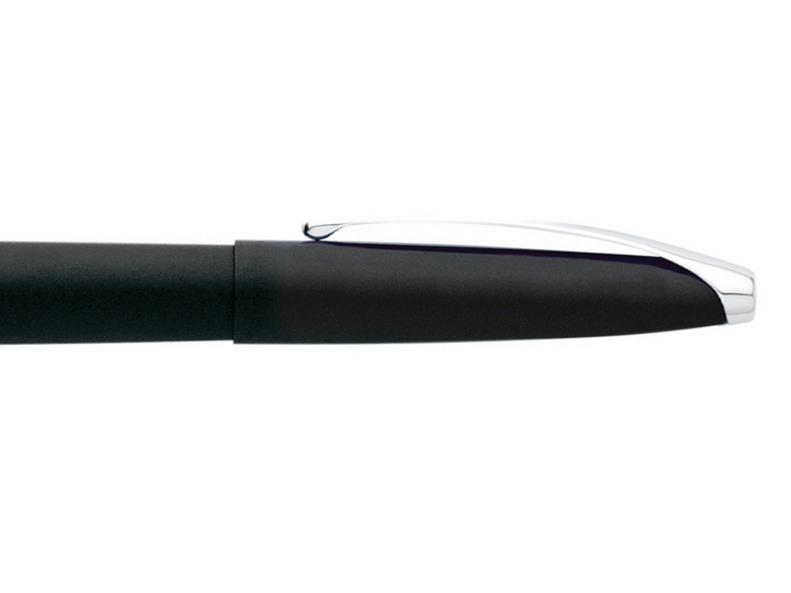 Black fountain pen with chrome cap end and clip detail