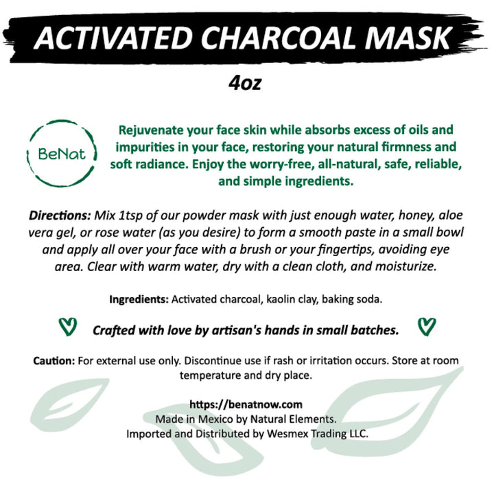 Activated charcoal mask product label with directions and ingredients