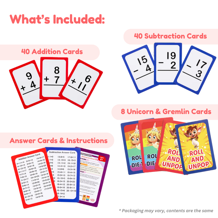 Addition and subtraction card pack contents with card sets, unicorn cards, and answer guide.