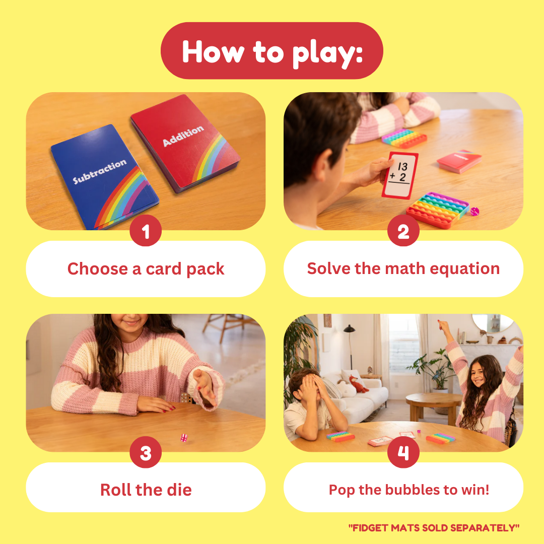 Addition and subtraction card pack with how-to-play steps and example math card decks.