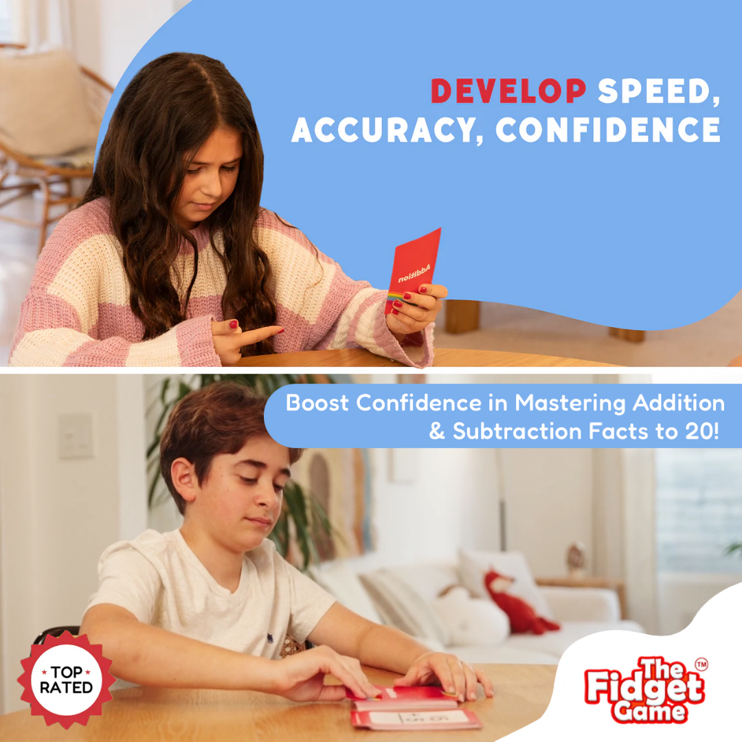 Child learning addition and subtraction with a math card pack at home.