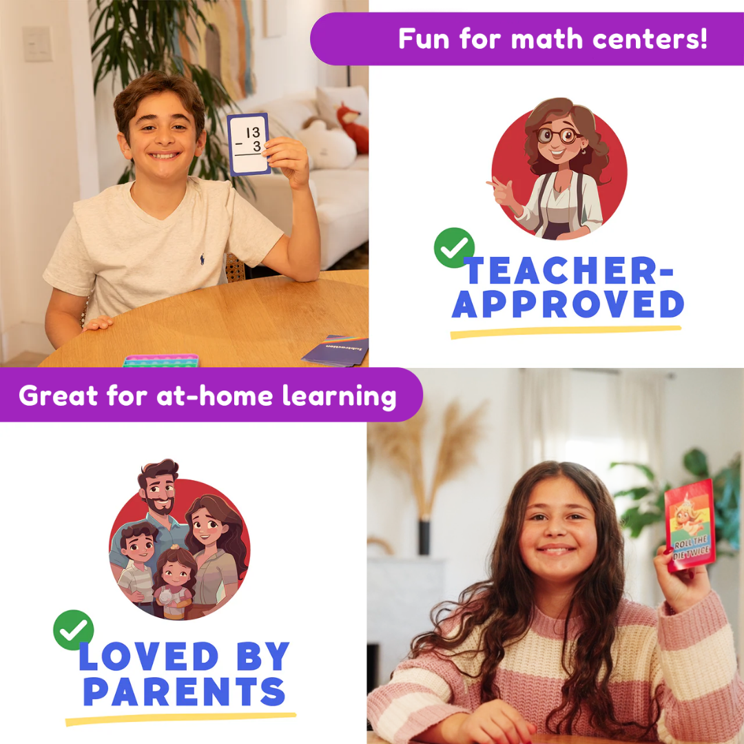 Math card pack for at-home learning with child holding an addition card and teacher badge.