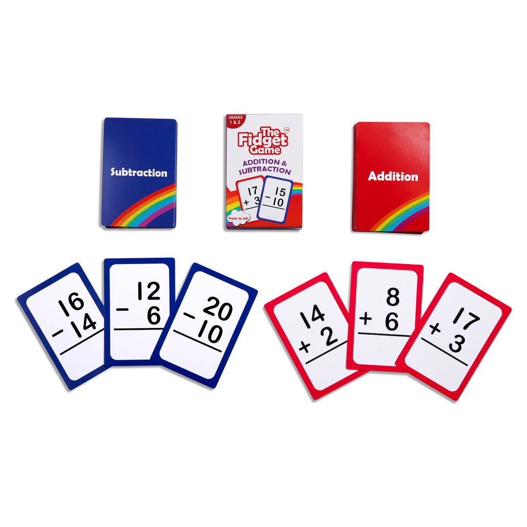 Addition and subtraction math card pack with colorful equation cards and number faces.