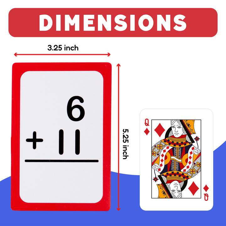 Math card pack dimensions with example addition equation card showing 6 plus 11.