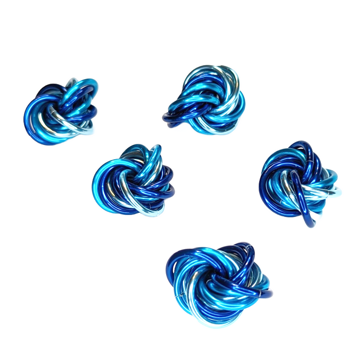 Möbii fidget balls, five blue metallic looped stress toys