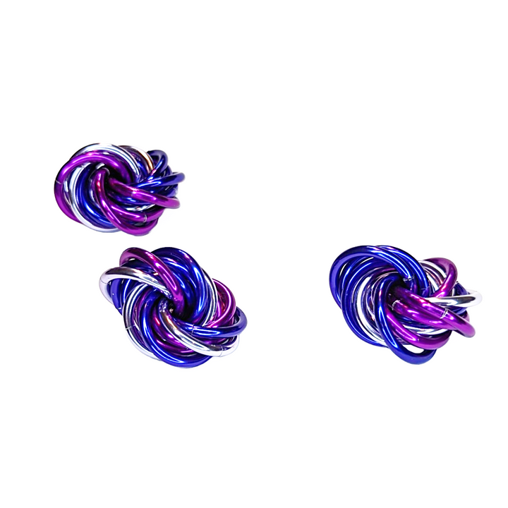 Möbii fidget balls, three metallic purple and blue knot toys