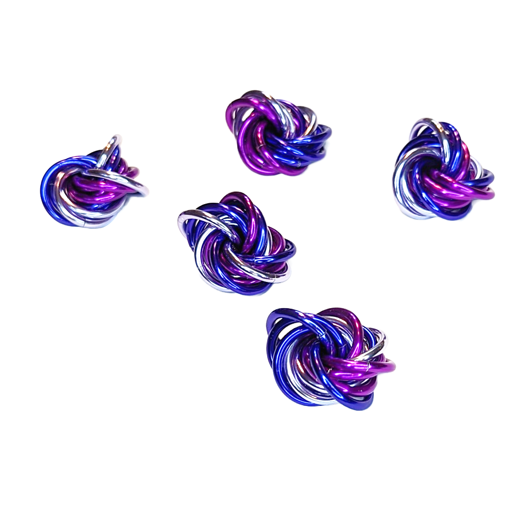 Möbii fidget balls, five metallic blue and purple knot toys