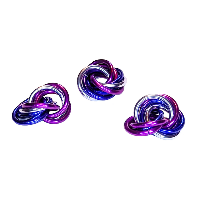 Möbii fidget balls, set of three purple and blue interlocking rings