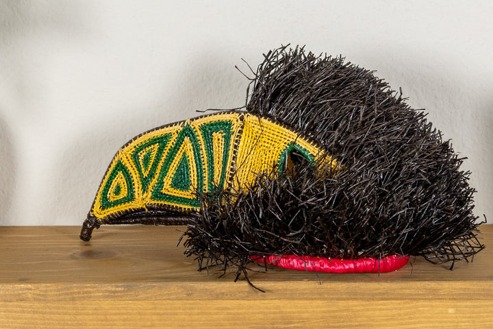 Black fringed toucan mask with yellow panel and green beak pattern