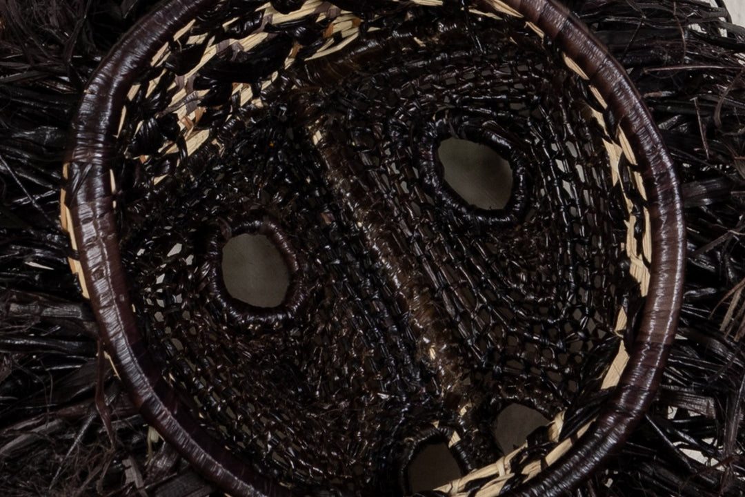Woven monkey face mask with two eye openings, dark brown-black mesh
