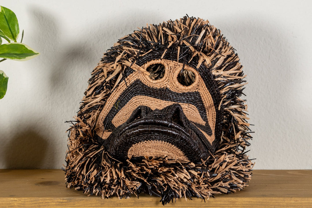 Spider monkey face mask with rounded top fringe and stitched brow and eye details